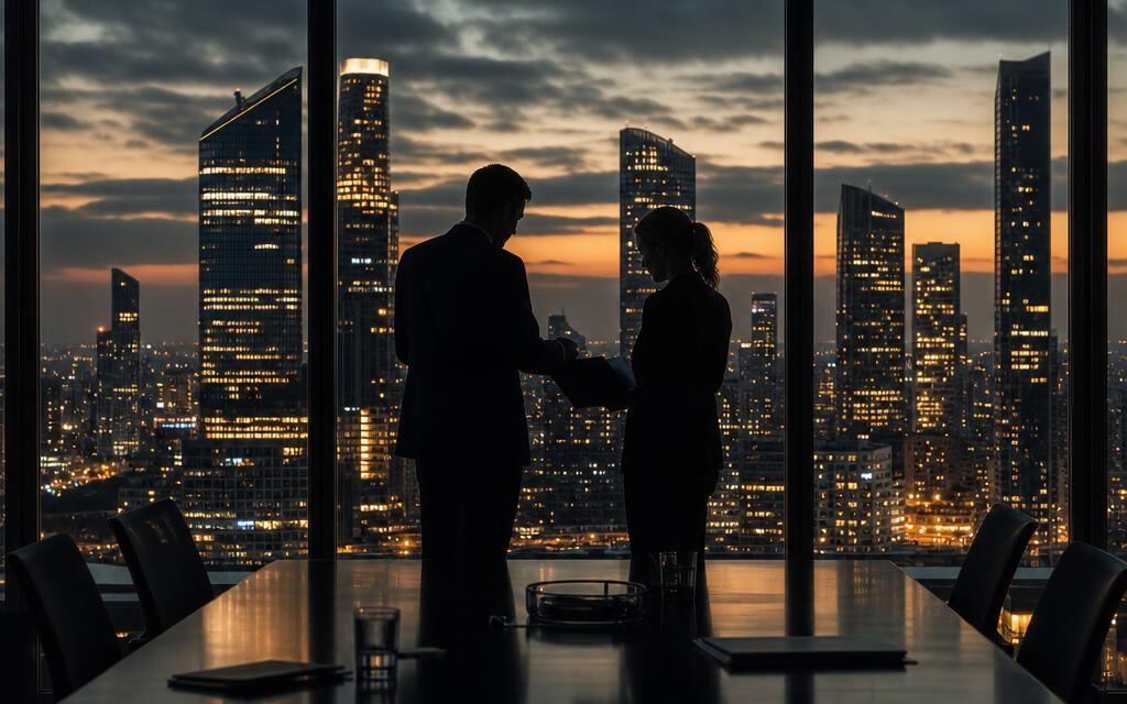 A campaign review in a boardroom overlooking the city at dusk