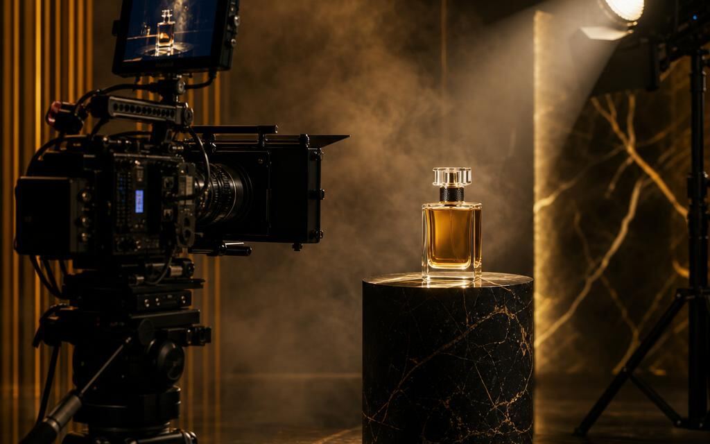 A cinema camera filming a premium product on set