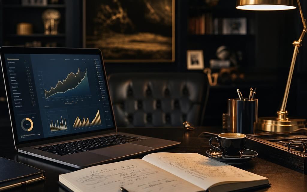 A senior strategist's desk with a live analytics dashboard